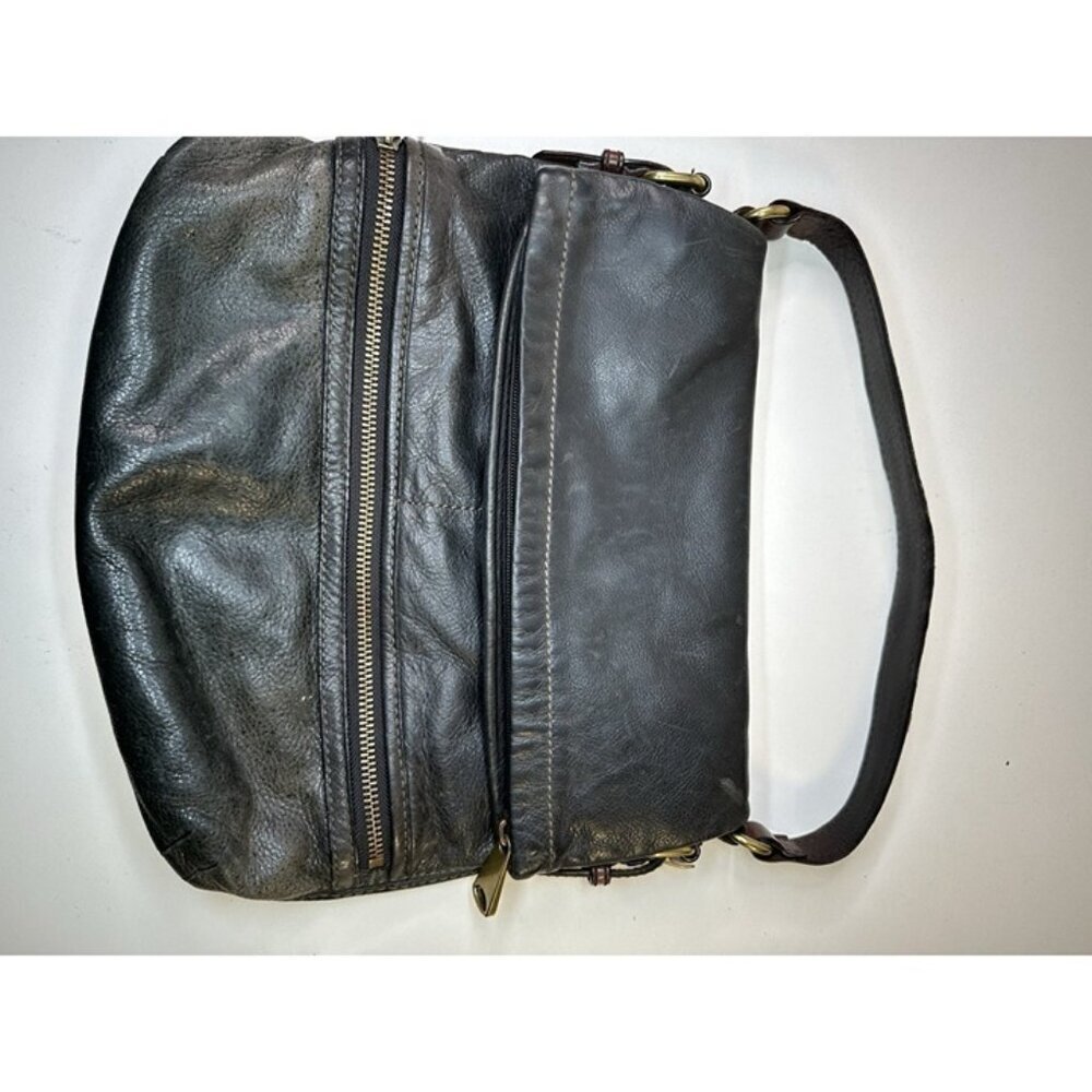 Vintage FOSSIL Explorer Foldover Leather Black&Brown Versatile Shoulder Bag EUC - Picture 7 of 12